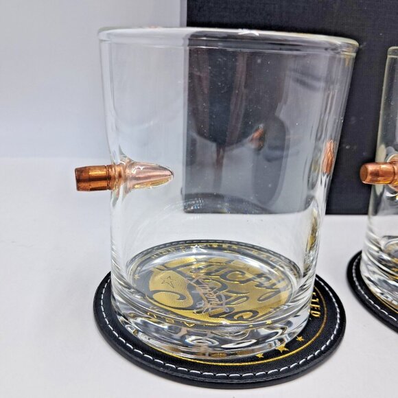 Lucky Shot Bullet Whiskey Glasses- Set of 4 With Matching Coasters And Holder - Picture 2 of 15